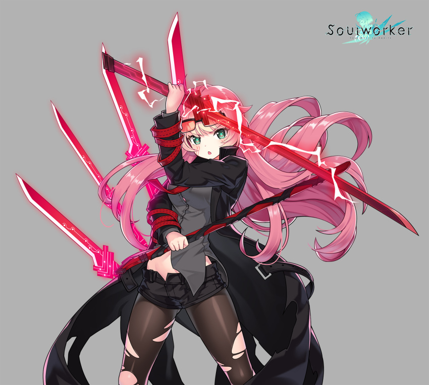 1girl ahoge aqua_eyes black_coat black_shorts breasts brown_legwear buttons chii_aruel coat dress_shirt dual_wielding eyewear_on_head facial_mark floating_hair grey_shirt highres holding holding_sword holding_weapon lightning lim_jaejin long_hair long_sleeves looking_at_viewer medium_breasts micro_shorts midriff_peek multiple_swords official_art open_clothes open_coat open_fly open_mouth pantyhose pink_hair shirt shorts solo soul_worker standing sunglasses sword thighs torn_clothes torn_coat torn_legwear v-shaped_eyebrows very_long_hair weapon wristband