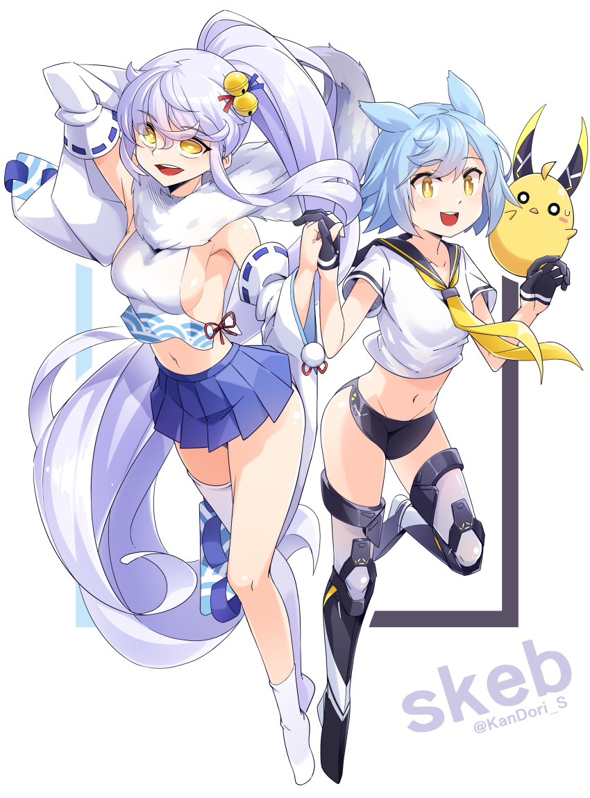 2girls absurdres animal_ears armpits asymmetrical_legwear azur_lane bangs bell black_gloves blue_hair blue_skirt boots breasts bright_pupils commentary_request cosplay costume_switch crop_top detached_sleeves fubuki_(azur_lane) full_body gloves hair_bell hair_ornament half_gloves highres holding_hands interlocked_fingers kandori long_hair long_ponytail looking_at_viewer manjuu_(azur_lane) medium_breasts micro_shorts miniskirt multiple_girls navel neck_ribbon open_mouth pleated_skirt ponytail ribbon sailor_collar short_hair short_sleeves shorts sideboob sidelocks silver_hair single_thighhigh siren_purifier_(azur_lane) skirt smile standing stomach thigh-highs thigh_boots very_long_hair white_legwear white_pupils yellow_eyes yellow_neckwear