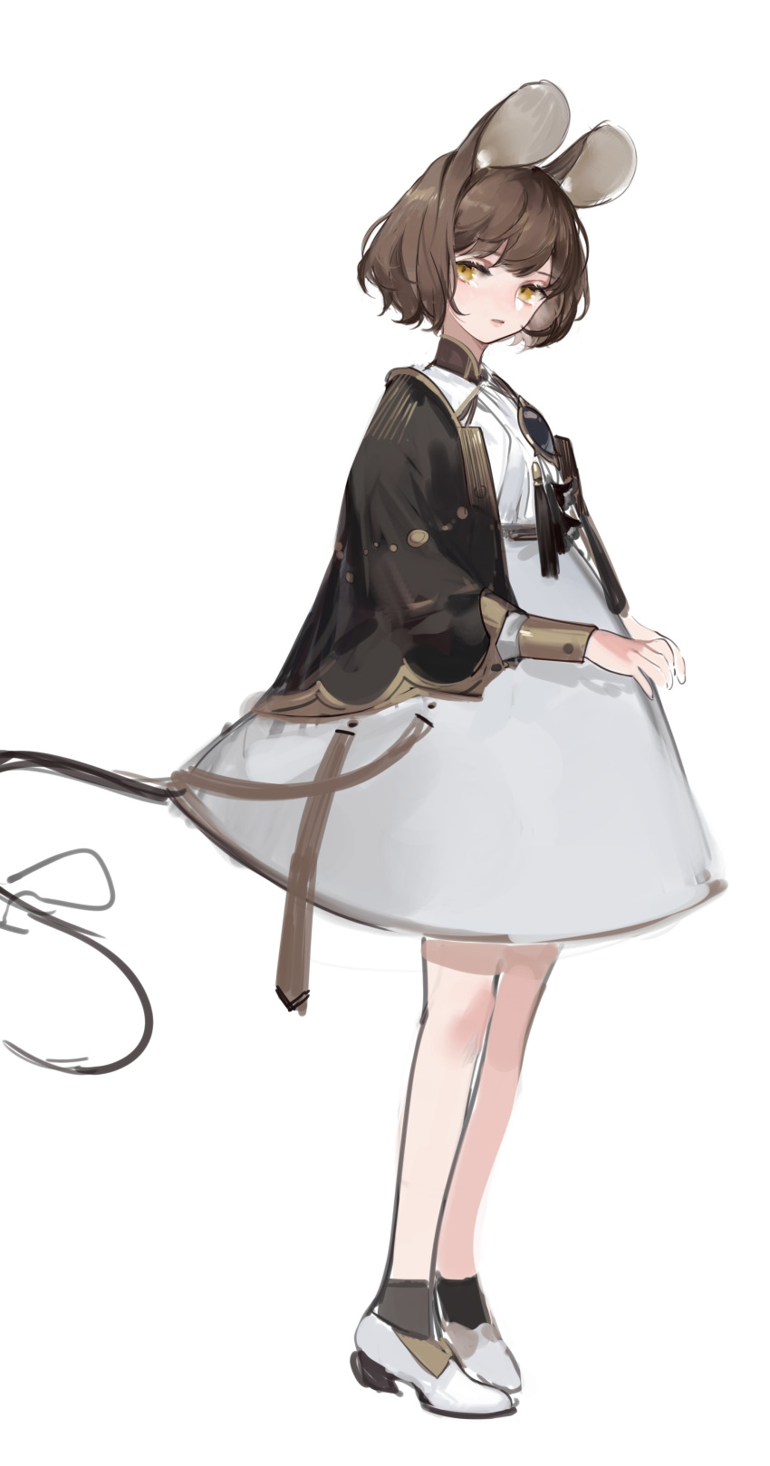 1girl absurdres alternate_costume alternate_eye_color alternate_hair_color animal_ears bangs bare_legs black_jacket black_legwear bob_cut brooch brown_hair dress from_side full_body high_collar highres jacket jewelry lips looking_to_the_side military military_uniform mixkechin mouse_ears mouse_tail nazrin parted_lips pumps short_hair sideways_glance simple_background socks solo standing tail tassel touhou uniform white_background white_dress white_footwear