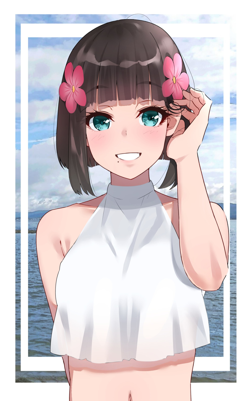 1girl absurdres adjusting_hair alternate_hair_length alternate_hairstyle arm_at_side bangs bare_shoulders blunt_bangs blush border clouds collarbone commentary_request crop_top crop_top_overhang eyebrows_visible_through_hair flower hair_flower hair_ornament hand_in_hair hand_up highres igarashi_kyouhei kurosawa_dia looking_at_viewer love_live! love_live!_school_idol_project love_live!_sunshine!! mole mole_under_mouth navel ocean red_flower short_hair smile solo upper_body white_border