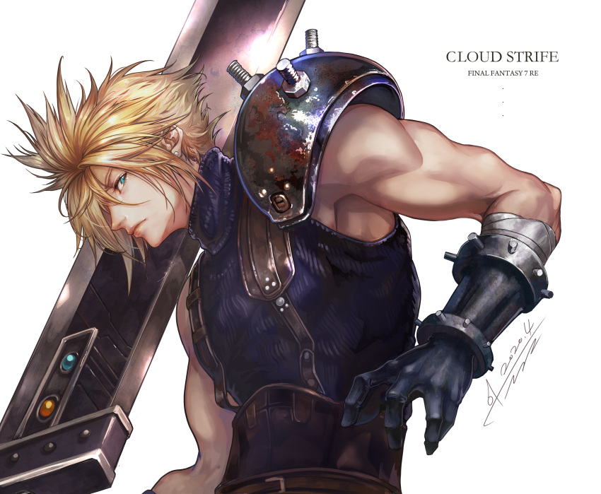 1boy absurdres armor bandaged_arm bandages bare_shoulders black_gloves blonde_hair buster_sword character_name closed_mouth cloud_strife copyright_name dated english_text final_fantasy final_fantasy_vii gloves green_eyes highres holding holding_weapon jay_b_lee male_focus materia muscle over_shoulder pauldrons rust screw shoulder_armor signature simple_background single_pauldron solo sword sword_over_shoulder turtleneck vambraces weapon weapon_over_shoulder white_background