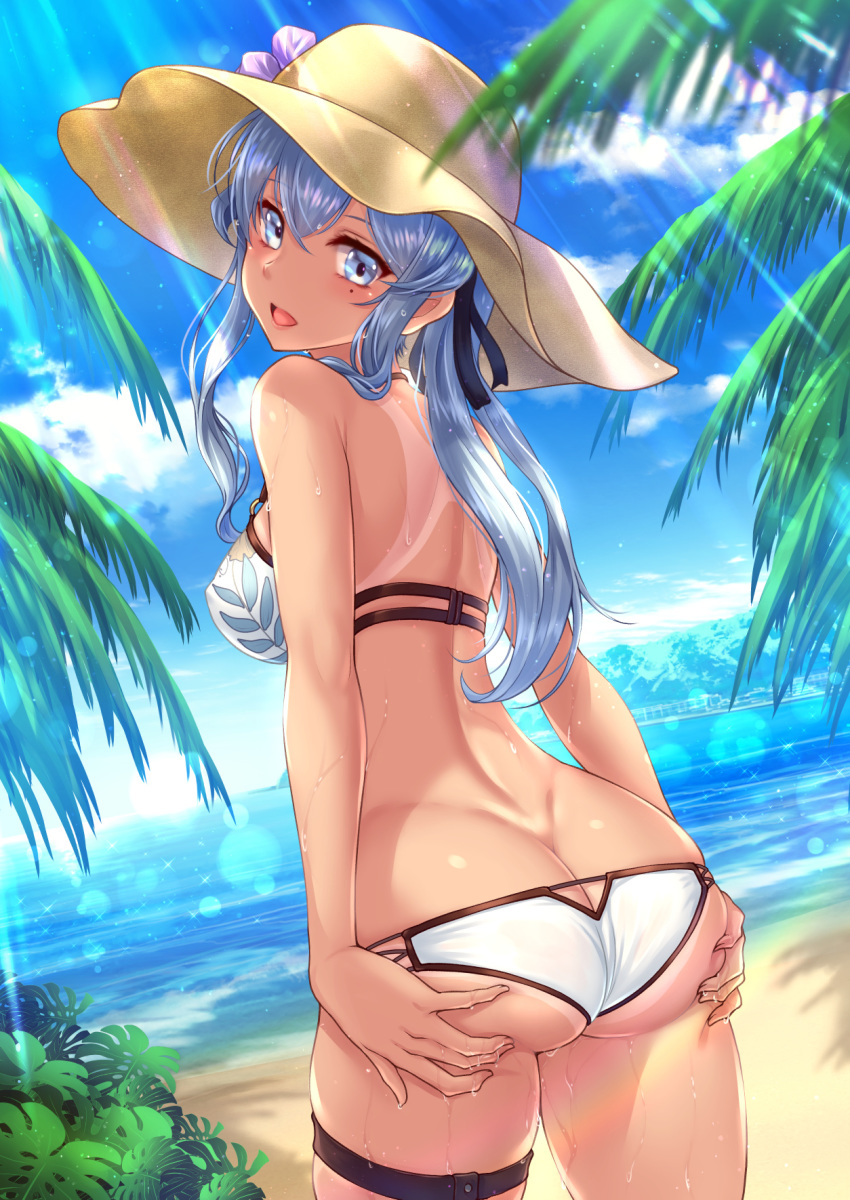 1girl ass ass_support bikini blue_eyes blue_hair blush breasts butt_crack eyebrows_visible_through_hair from_behind gotland_(kantai_collection) hair_between_eyes hat highres kantai_collection long_hair looking_at_viewer looking_back mole mole_under_eye open_mouth ryu-akt smile solo sun_hat swimsuit tan thighs white_bikini