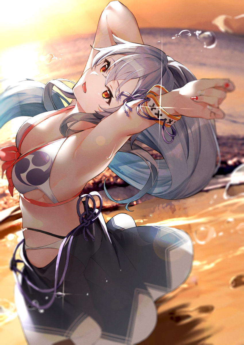 1girl absurdres beach bikini blush bow bracelet breasts commentary_request fate/grand_order fate_(series) grey_sarong hair_between_eyes hair_bow highres jewelry long_hair looking_at_viewer looking_back medium_breasts nail_polish ocean orange_eyes red_bow red_nails sarong silver_hair smile solo sparkle stretch sunset swimsuit tomoe_gozen_(fate/grand_order) vegetablenabe very_long_hair white_bikini
