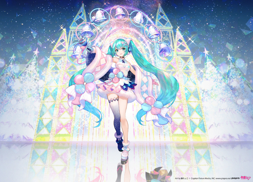 1girl aqua_eyes aqua_hair asymmetrical_legwear bare_shoulders bell black_legwear blue_gloves boots bow christmas_tree commentary crypton_future_media detached_sleeves different_reflection dress dress_bow fluffy full_body fur-trimmed_dress fur_trim fuzichoco gloves hair_ornament hairclip hatsune_miku headset holding holding_bell long_hair looking_at_viewer magical_mirai_(vocaloid) mismatched_footwear mismatched_gloves night night_sky official_art open_mouth outstretched_arms piapro pink_gloves reflection single_thighhigh sky sleeveless sleeveless_dress smile solo standing star_(sky) starry_sky thigh-highs twintails very_long_hair vocaloid white_dress wide_shot winter