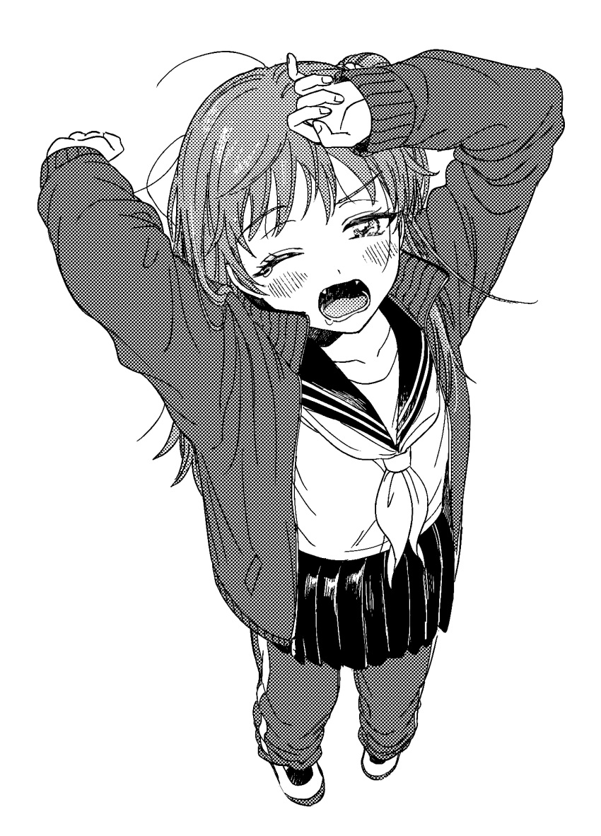1girl arms_up baburo bangs flat_chest from_above full_body greyscale hand_on_own_head highres jacket long_sleeves looking_at_viewer looking_up messy_hair miniskirt monochrome neckerchief nire_hikari one_eye_closed one_side_up open_clothes open_jacket open_mouth pants pants_under_skirt pinky_out pleated_skirt saliva school_uniform serafuku shoes simple_background skirt sleepy solo standing stretch tears track_pants uwabaki world_trigger yawning