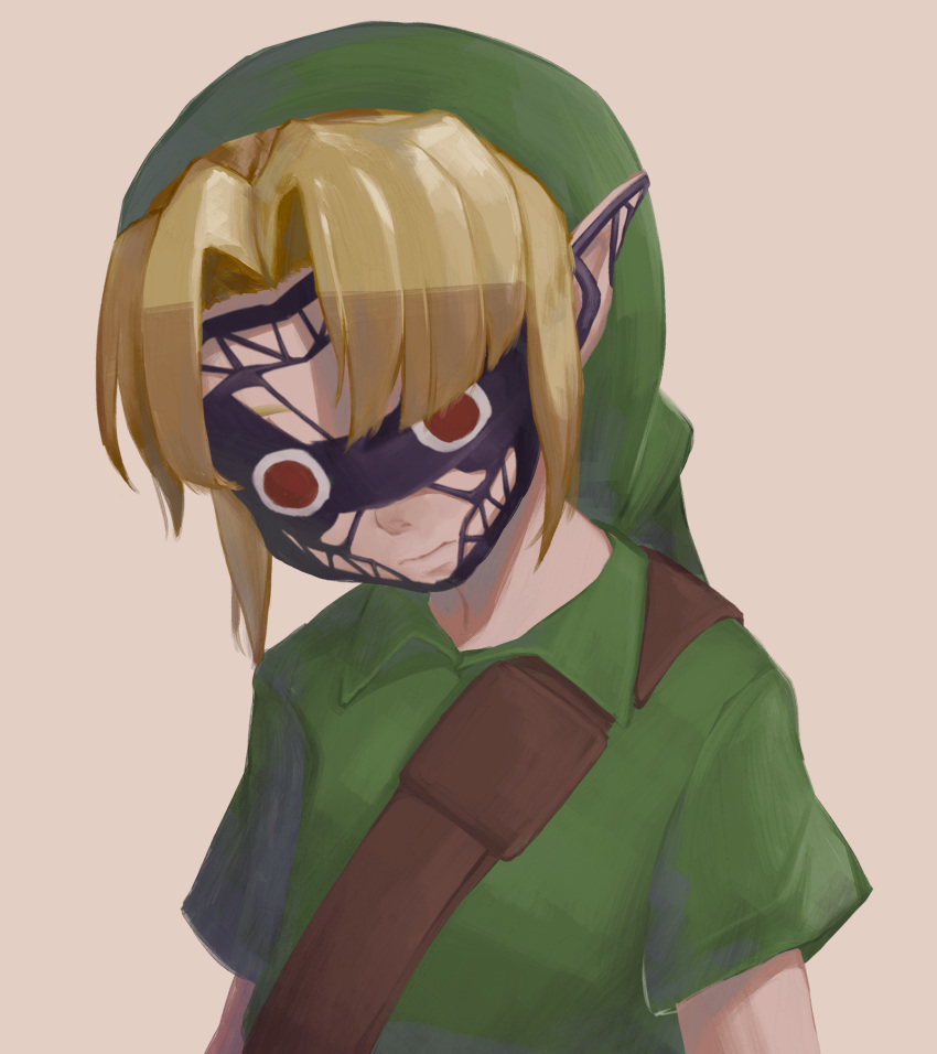 1boy arms_at_sides bangs blonde_hair border brown_background closed_mouth commentary_request facepaint facing_viewer green_headwear green_shirt hat highres link male_focus mazel parted_bangs pointy_ears red_eyes shirt short_hair short_sleeves simple_background solo the_legend_of_zelda the_legend_of_zelda:_majora's_mask upper_body white_border