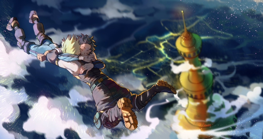 2boys arms_around_neck bakugou_katsuki black_footwear black_pants black_shirt blonde_hair blurry blurry_foreground bodysuit boku_no_hero_academia boots clouds commentary_request depth_of_field falling freckles from_above green_bodysuit green_hair hand_on_another's_back happy highres hug kawasaki_kirio male_focus midoriya_izuku multiple_boys muscle pants scar shirt shoes sky spiky_hair tower
