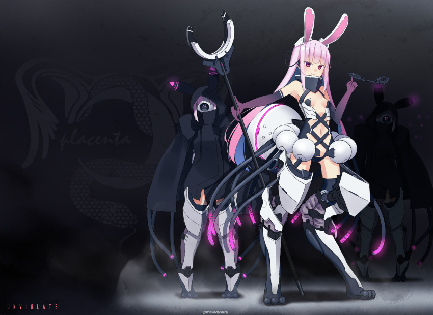 3girls absurdres animal_ears breasts commentary_request cuffs digitigrade elbow_gloves eyebrows_visible_through_hair gloves handcuffs highres holding holding_staff hood hood_up long_hair looking_at_viewer makadamixa mask mecha_musume multiple_girls navel original pink_eyes pink_hair rabbit_ears small_breasts smile staff