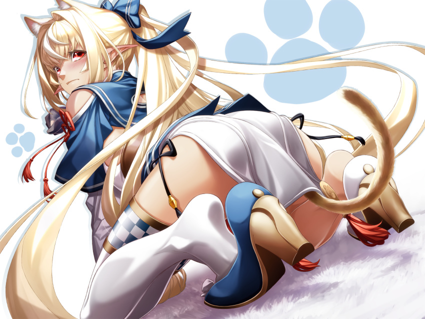 1girl animal_ears ass bare_shoulders bent_over black_gloves blonde_hair cat_ears cat_girl cat_tail checkered checkered_legwear closed_mouth dark_skin elf fenrir_(fenlil0316) from_behind gloves hair_ornament high_heels high_ponytail highres hololive kneeling loincloth long_hair long_ponytail paw_pose paw_print_background pointy_ears red_eyes shiranui_flare shoulder_cutout single_thighhigh solo tail thigh-highs virtual_youtuber white_legwear