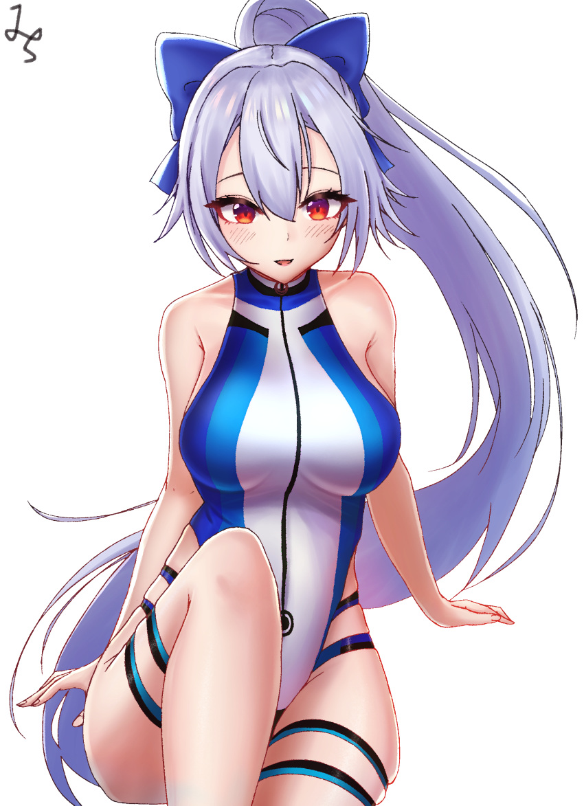 1girl absurdres bare_shoulders blue_bow blue_swimsuit bow breasts fate/grand_order fate_(series) hair_between_eyes highleg highleg_swimsuit highres hip_vent jungtong large_breasts long_hair looking_at_viewer multicolored multicolored_clothes multicolored_swimsuit one-piece_swimsuit ponytail red_eyes silver_hair solo swimsuit tomoe_gozen_(fate/grand_order) tomoe_gozen_(swimsuit_saber)_(fate) two-tone_swimsuit white_swimsuit