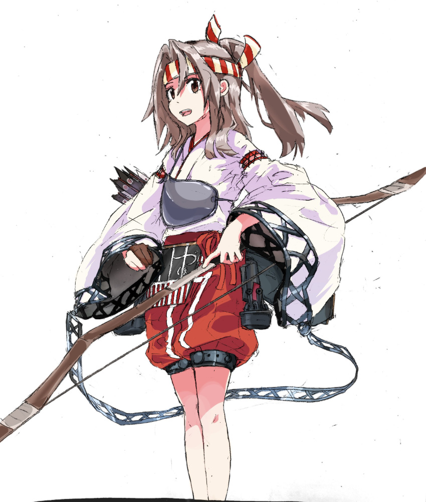 1girl absurdres arrow_(projectile) bow_(weapon) brown_gloves brown_hair gloves hachimaki hakama hakama_shorts headband highres holding holding_weapon japanese_clothes kantai_collection long_hair long_sleeves muneate open_mouth partially_fingerless_gloves perushia red_hakama rigging shorts simple_background single_glove solo weapon white_background wide_sleeves yugake zuihou_(kancolle) zuihou_kai_ni_(kancolle)