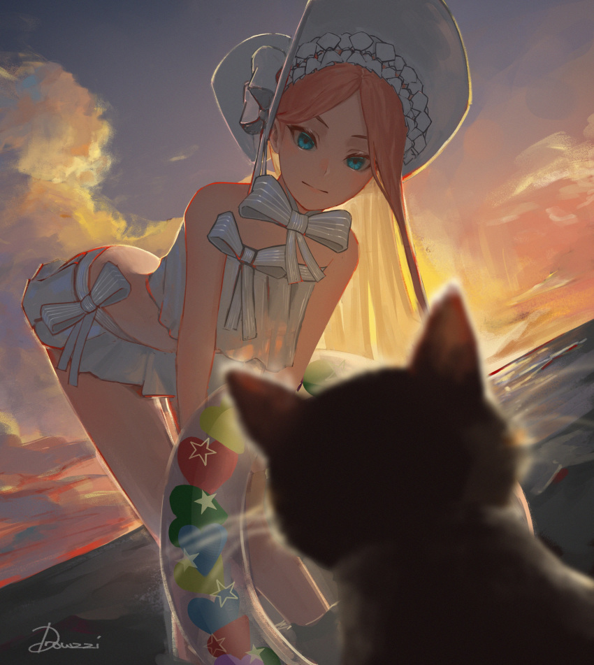 1girl abigail_williams_(fate/grand_order) abigail_williams_(swimsuit_foreigner)_(fate) absurdres bangs bare_shoulders bikini black_cat blonde_hair blue_eyes blush bonnet bow breasts cat drowzzi fate/grand_order fate_(series) forehead gradient_sky hair_bow highres innertube leaning_forward long_hair looking_at_viewer miniskirt orange_sky parted_bangs photoshop_(medium) sidelocks skirt sky small_breasts smile sunset swimsuit thighs twilight very_long_hair white_bikini white_bow white_headwear