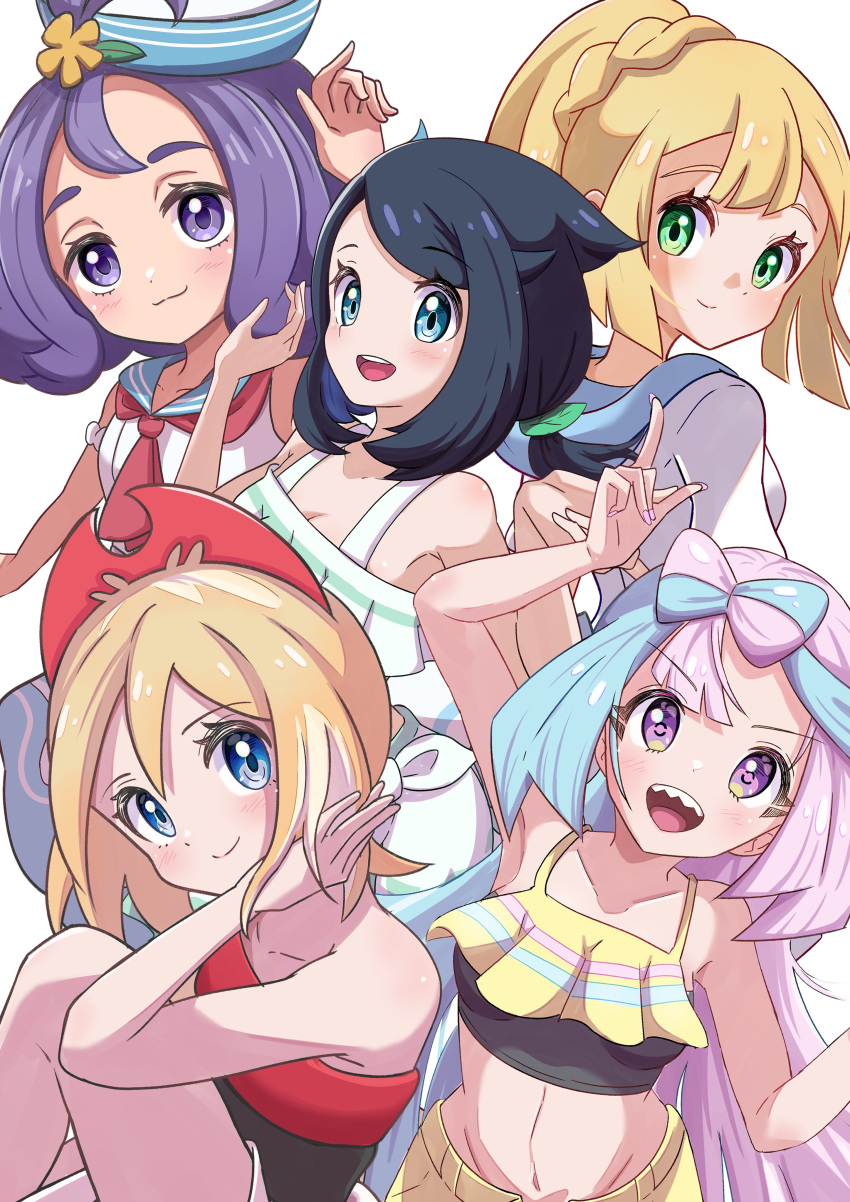 5girls absurdres acerola_(pokemon) acerola_(summer_2024)_(pokemon) bikini black_hair blonde_hair blue_eyes blue_hair blue_sailor_collar blush bow-shaped_hair braid breasts closed_mouth clouds commentary_request cowboy_shot crop_top day dress eyelashes green_eyes hair_between_eyes hair_ornament hairband hat highres iono_(pokemon) irida_(pokemon) jewelry liko_(pokemon) lillie_(pokemon) long_hair looking_at_viewer medium_breasts multicolored_hair multiple_girls navel neckerchief official_alternate_costume open_mouth pink_hair pokemon pokemon_(anime) pokemon_horizons pokemon_legends:_arceus pokemon_masters_ex pokemon_sm pokemon_sv ponytail purple_hair red_hairband red_shirt rono_(lethys) sailor sailor_collar sailor_hat sharp_teeth shirt short_hair shorts simple_background sleeveless smile strapless strapless_shirt swimsuit teeth two-tone_hair v-shaped_eyebrows violet_eyes white_bikini white_dress