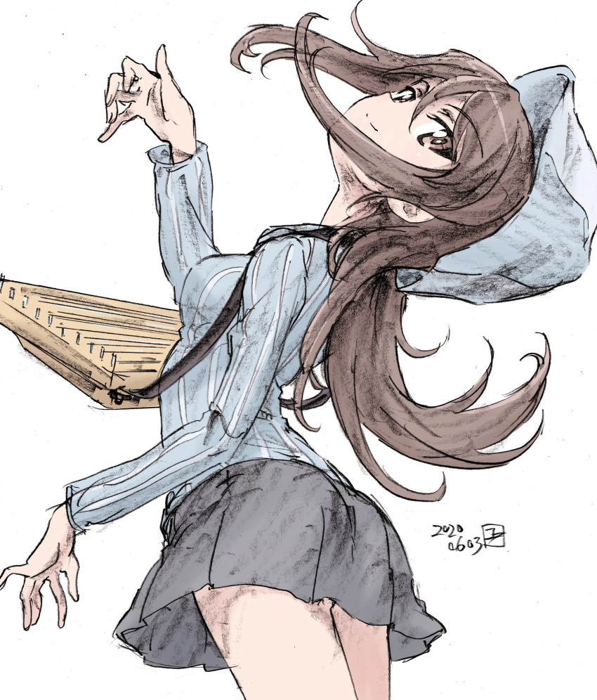 1girl arched_back artist_name bangs blue_headwear blue_shirt brown_eyes brown_hair carrying closed_mouth commentary cowboy_shot dated erakin eyebrows_visible_through_hair from_behind girls_und_panzer grey_skirt hat highres instrument kantele keizoku_school_uniform long_hair long_sleeves looking_at_viewer looking_back mika_(girls_und_panzer) miniskirt pleated_skirt school_uniform shaft_look shirt signature simple_background skirt smile solo standing striped striped_shirt traditional_media tulip_hat vertical-striped_shirt vertical_stripes white_background