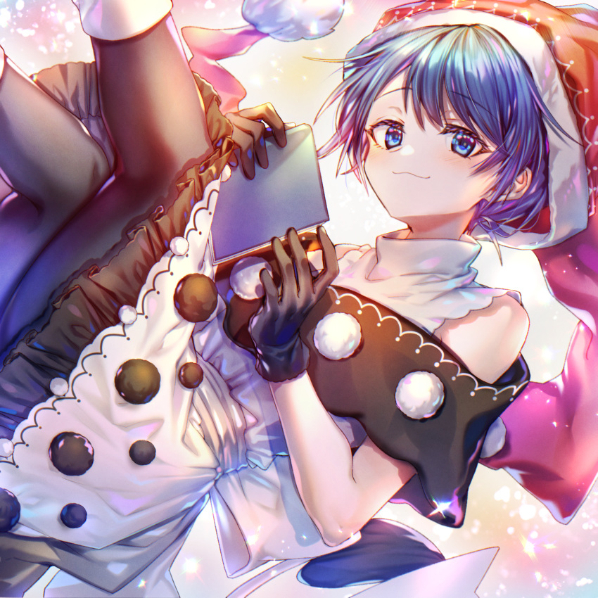 1girl bangs black_capelet black_gloves black_legwear black_pants blue_eyes blue_hair blush book bow capelet closed_mouth commentary diffraction_spikes doremy_sweet dress feet_out_of_frame frilled_dress frills gloves hands_up hat here_(hr_rz_ggg) highres holding holding_book legs_up looking_at_viewer nightcap pants pantyhose pom_pom_(clothes) rainbow_gradient red_headwear sash short_hair sidelocks sleeveless sleeveless_dress smug solo sparkle tail tapir_tail touhou wavy_mouth white_bow white_dress white_sash