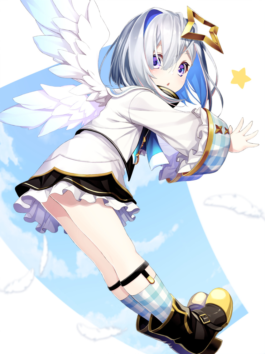 1girl amane_kanata angel_wings blue_eyes blue_hair boots chestnut_mouth colored_inner_hair feathers fenrir_(fenlil0316) full_body halo highres hololive long_sleeves looking_at_viewer multicolored_hair plaid_footwear short_hair silver_hair solo star_(symbol) two-tone_hair virtual_youtuber white_background wings