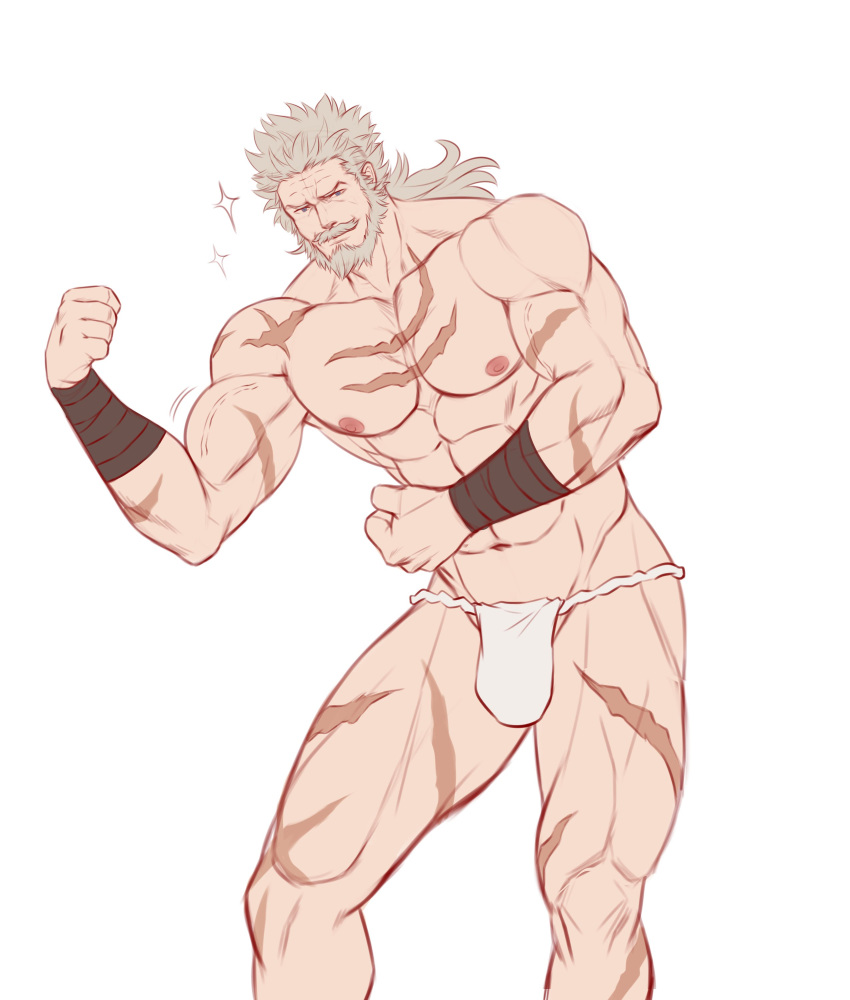 1boy abs absurdres bara beard bulge chest collarbone facial_hair feet_out_of_frame flexing fundoshi granblue_fantasy highres japanese_clothes k_sen212 long_hair male_focus manly muscle mustache navel nipples pectorals pose scar solo soriz sparkle thick_thighs thighs underwear underwear_only