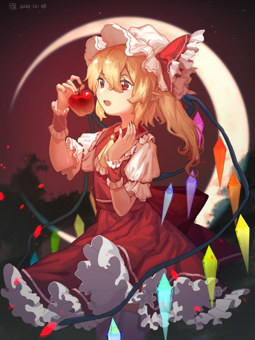 1girl :d arms_up ascot bangs blonde_hair blush bow collared_shirt commentary_request crescent_moon crystal dated dot_nose eyelashes fang flandre_scarlet food frilled_skirt frills fruit furahata_gen hair_between_eyes hat hat_bow hat_ribbon highres holding holding_food holding_fruit looking_at_object mob_cap moon nail_polish night one_side_up open_mouth pointy_ears puffy_short_sleeves puffy_sleeves rainbow_order red_background red_bow red_nails red_ribbon red_skirt red_vest ribbon shirt short_sleeves side_ponytail sidelocks signature skirt sky slit_pupils smile solo standing star_(sky) starry_sky thigh-highs thighs touhou vest white_headwear white_legwear wings wrist_cuffs yellow_ascot