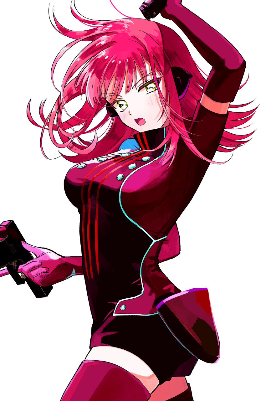 1girl absurdres arm_up baburo bangs blush breasts cowboy_shot elbow_gloves floating_hair gloves green_eyes gun handgun headphones highres holding holding_gun holding_weapon holster katori_youko large_breasts long_hair long_sleeves looking_at_viewer open_mouth pink_gloves pink_hair pink_legwear pink_theme simple_background solo spinning thigh-highs turtleneck uniform weapon white_background world_trigger