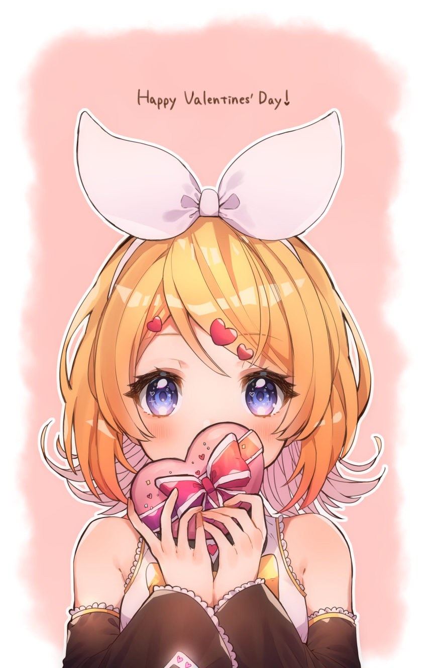 1girl absurdres bangs bare_shoulders blonde_hair blue_eyes blush box covered_mouth detached_sleeves english_text eyelashes flipped_hair gift hair_ornament hair_ribbon hairband hairclip heart heart-shaped_box heart_hair_ornament highres holding holding_gift kagamine_rin looking_at_viewer ribbon short_hair solo sumeshiruko swept_bangs upper_body valentine vocaloid white_ribbon