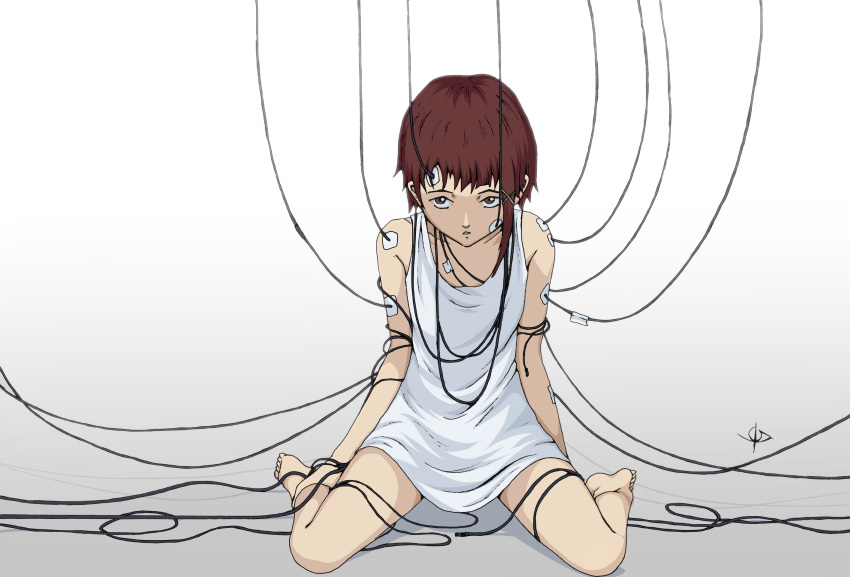 1girl absurdres asymmetrical_hair barefoot brown_eyes brown_hair cable cyberpunk dress english_commentary hair_ornament hairclip highres iwakura_lain looking_at_viewer serial_experiments_lain short_hair simple_background sitting skirt sleeveless solo user_gxzc5285 white_background white_dress x_hair_ornament