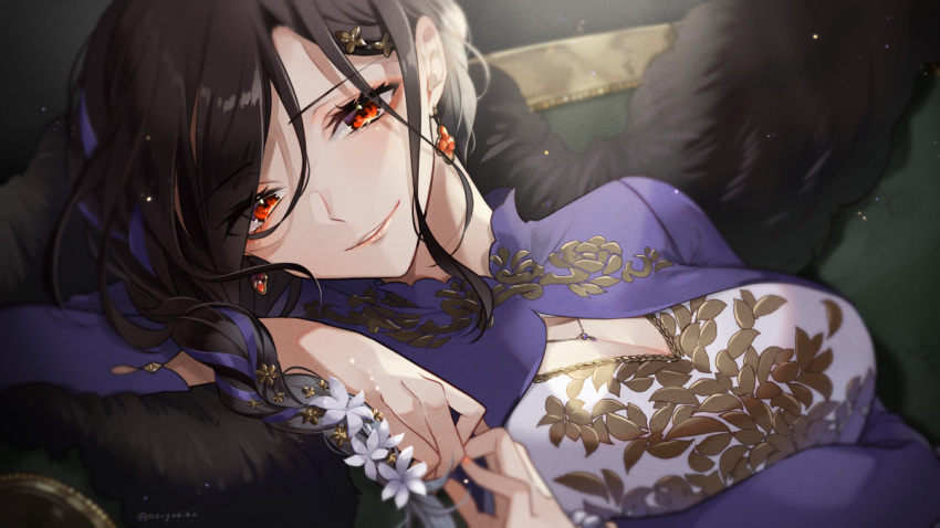 1girl arm_pillow black_hair braid breasts cleavage_cutout earrings eyelashes flower hair_between_eyes hair_ornament hair_ribbon hairclip jewelry large_breasts leaning_to_the_side long_hair long_sleeves looking_at_viewer necklace nijisanji orange_eyes own_hands_together parted_lips pendant purple_ribbon red_eyes ribbon ribbon_braid shirayuki_tomoe smile solo upper_body virtual_youtuber white_flower yukiko_(tesseract)