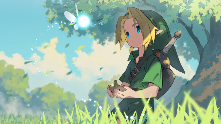 1boy bangs belt_buckle blanco026 blonde_hair blue_eyes blue_sky buckle clouds collared_shirt day fairy grass green_headwear green_shirt hat highres holding holding_instrument instrument link looking_at_another male_focus nature navi ocarina outdoors parted_lips pointy_ears sheath sheathed shirt short_sleeves sky sword the_legend_of_zelda the_legend_of_zelda:_ocarina_of_time tree weapon weapon_on_back wing_collar