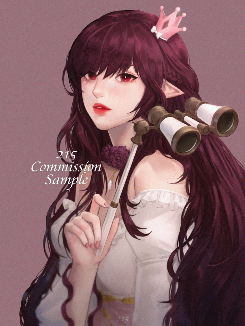 1girl absurdres bare_shoulders binoculars commission english_text highres holding holding_binoculars korean_commentary looking_at_viewer mole mole_under_mouth original parted_lips pointy_ears purple_hair red_lips sample shinyoung_kim solo