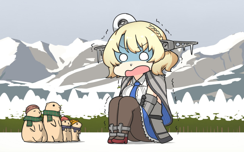 1girl animal bangs beanie black_legwear blonde_hair breasts capelet clothed_animal cold colorado_(kantai_collection) day dress elbow_gloves eyebrows_visible_through_hair garrison_cap gloves hamu_koutarou hat headgear highres icicle kantai_collection mountain open_mouth outdoors pantyhose scarf shaded_face short_hair sitting sky snow