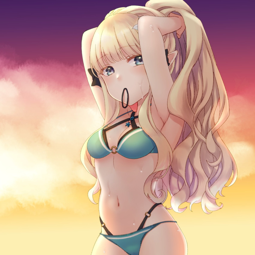 1girl bangs bikini black_bow blonde_hair blue_eyes blush bow breasts elf eyebrows_visible_through_hair flower hair_bow hair_flower hair_ornament highres large_breasts long_hair looking_at_viewer pointy_ears ponytail princess_connect! princess_connect!_re:dive sagitaniyuu saren_(princess_connect!) solo swimsuit