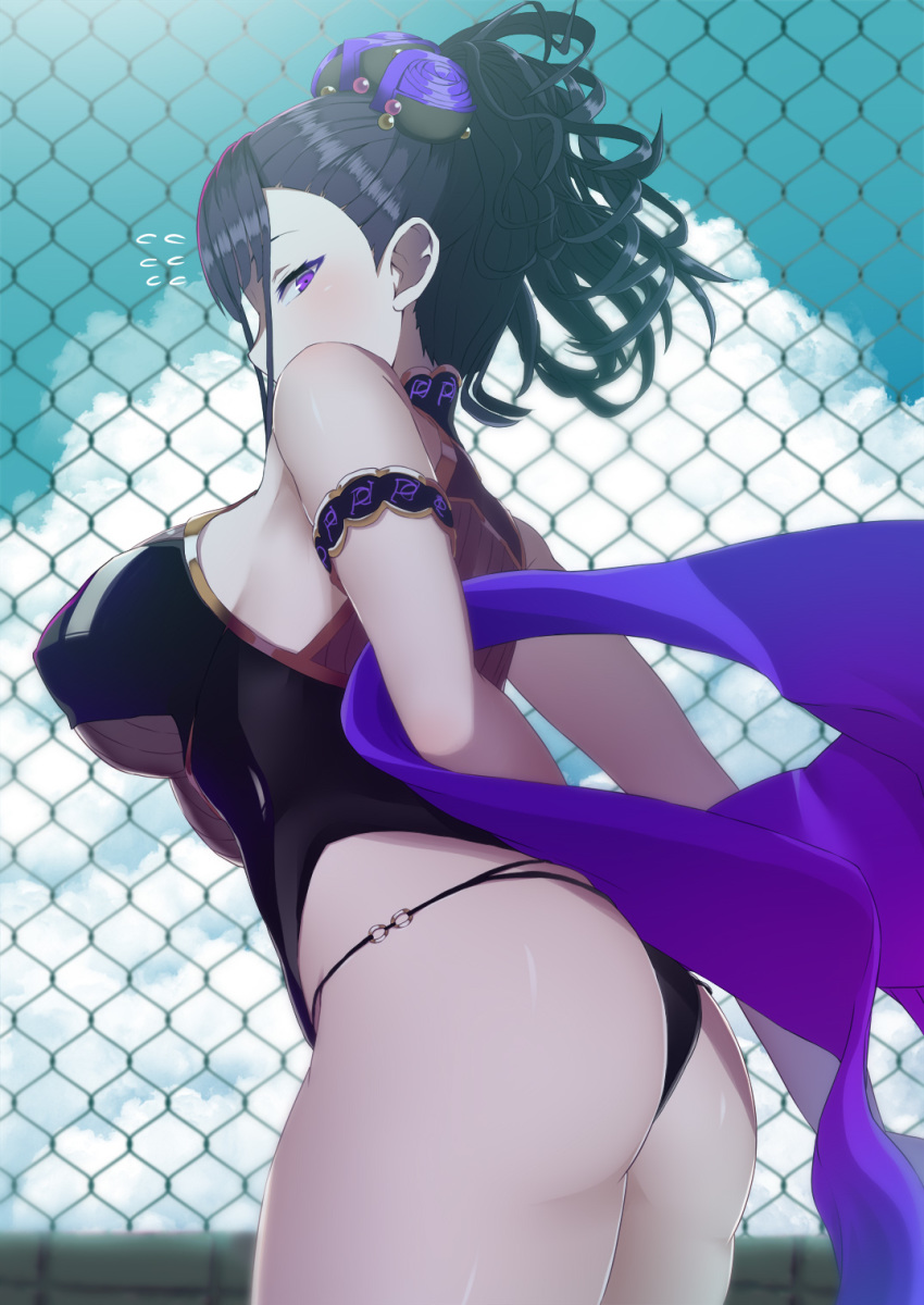 1girl arm_strap ashino_moto ass bangs bare_shoulders black_swimsuit blush breasts fate/grand_order fate_(series) flower flying_sweatdrops hair_flower hair_ornament hair_up highleg highleg_swimsuit highres large_breasts long_hair looking_at_viewer murasaki_shikibu_(fate) murasaki_shikibu_(swimsuit_rider)_(fate) one-piece_swimsuit swimsuit thighs tied_hair violet_eyes