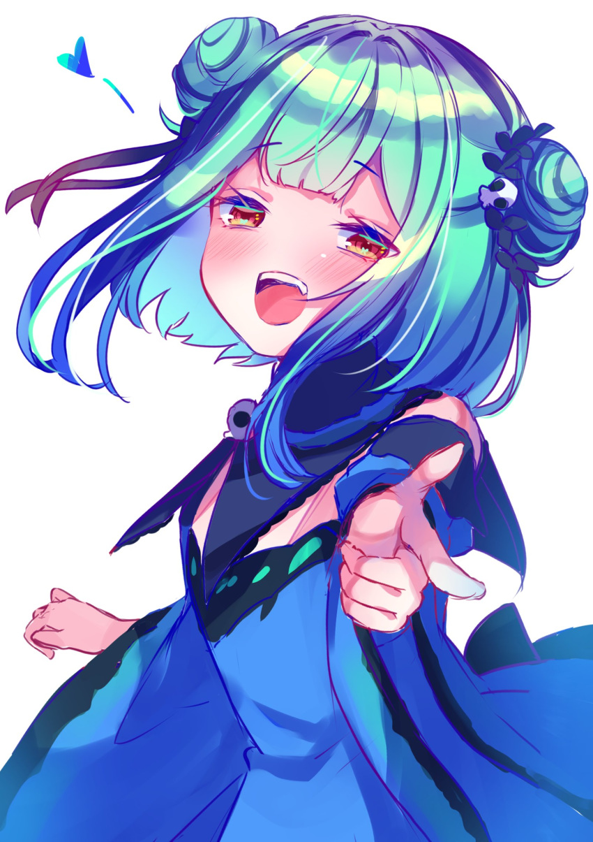 brown_eyes double_bun english_commentary finger_gun flat_chest green_hair heart highres hololive looking_at_viewer open_mouth short_hair uruha_rushia virtual_youtuber white_background yorumikan