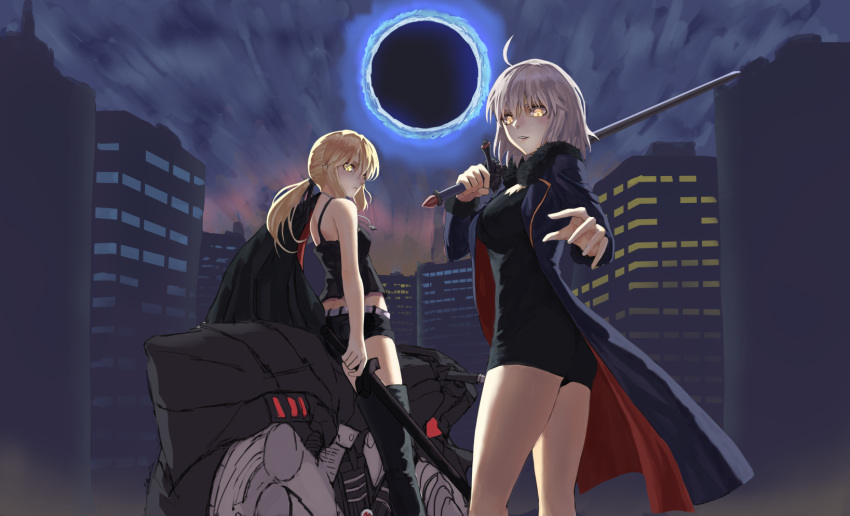 7aehyun ahoge artoria_pendragon_(all) belt black_dress black_footwear black_jacket black_legwear black_shorts blonde_hair blue_coat blue_jacket building clouds cloudy_sky coat dress eclipse fate_(series) fur-trimmed_coat fur_trim grey_hair ground_vehicle highres holding holding_clothes holding_jacket holding_sword holding_weapon jacket jeanne_d'arc_(alter)_(fate) jeanne_d'arc_(fate)_(all) jewelry moon motor_vehicle motorcycle necklace outdoors over_shoulder parted_lips pencil_dress ponytail saber_alter short_hair shorts sketch sky standing sword sword_over_shoulder weapon weapon_over_shoulder yellow_eyes