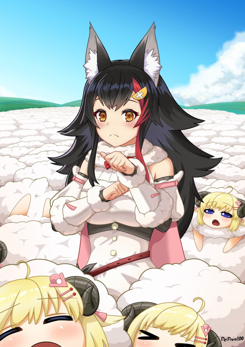 &gt;_&lt; 6+girls ahoge animal_ear_fluff animal_ears animalization artist_name bangs black_hair blonde_hair blue_eyes breasts cape closed_eyes clouds cloudy_sky cosplay day detached_sleeves dress eyebrows_visible_through_hair frown fur_trim hair_ornament hairclip highres hololive horns long_hair looking_at_viewer medium_breasts multiple_girls nia_depain ookami_mio open_mouth redhead sheep sheep_girl sheep_horns sidelocks sky tsunomaki_watame tsunomaki_watame_(cosplay) virtual_youtuber white_dress white_sleeves wolf_ears wolf_girl x_anus yellow_eyes