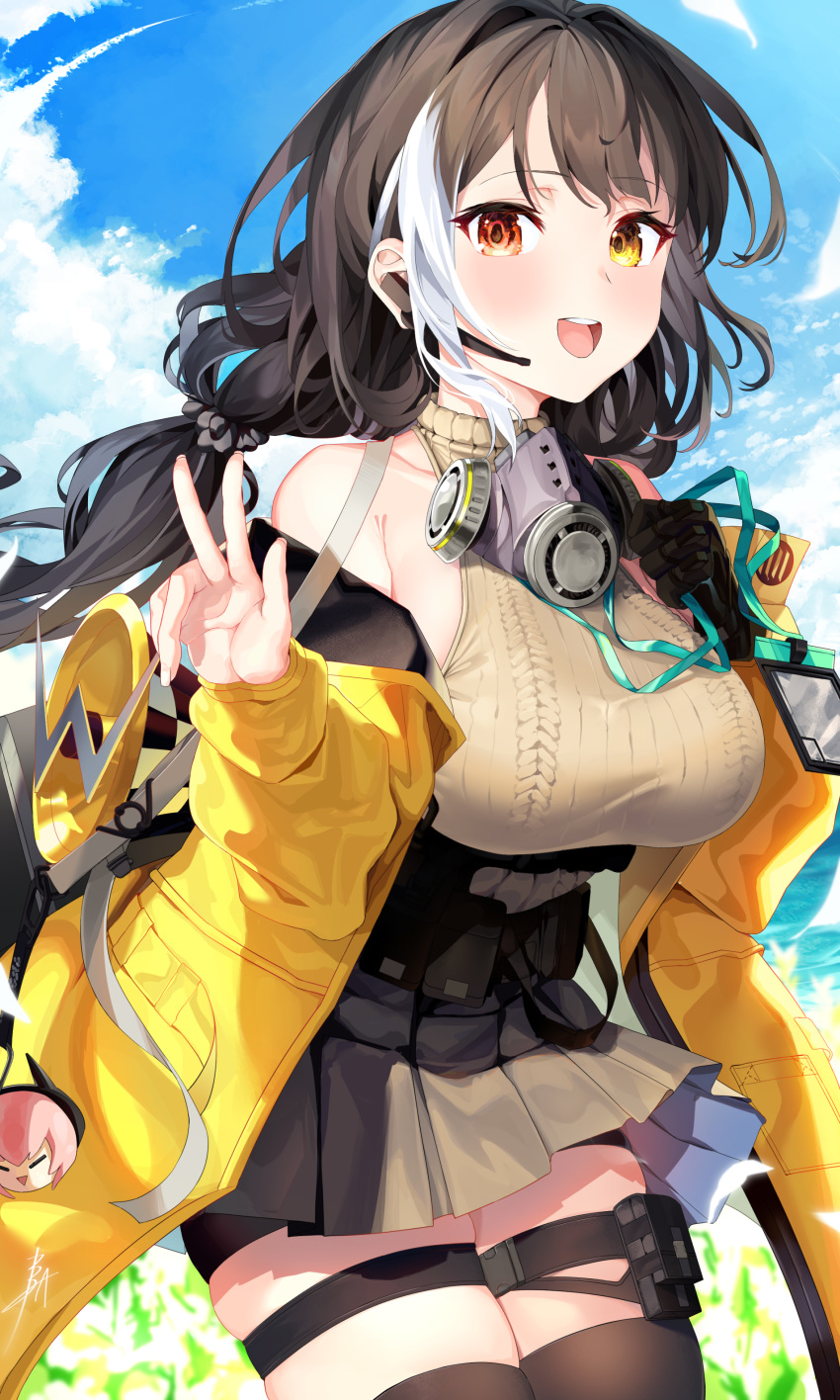1girl absurdres b:ga bike_shorts black_gloves blush breasts brown_hair clouds fingernails gas_mask girls_frontline gloves hair_ornament hair_scrunchie happy headset heterochromia highres id_card jacket lanyard large_breasts long_hair m4_sopmod_ii_jr mask_around_neck megaphone mod3_(girls_frontline) multicolored_hair open_mouth pink_hair pouch red_eyes ro635_(girls_frontline) scrunchie single_glove skindentation skirt sky sleeveless_sweater solo streaked_hair thigh-highs thigh_pouch thighs v white_hair yellow_eyes yellow_jacket