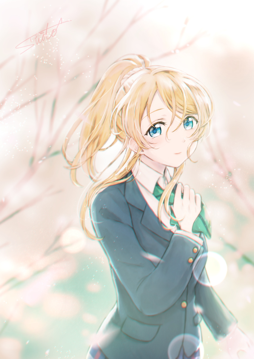 1girl ayase_eli blazer blonde_hair blue_eyes blue_jacket bow bowtie commentary_request green_neckwear hand_up highres jacket long_hair long_sleeves looking_at_viewer love_live! love_live!_school_idol_project otonokizaka_school_uniform petals ponytail school_uniform scrunchie smile solo suito tearing_up upper_body white_scrunchie