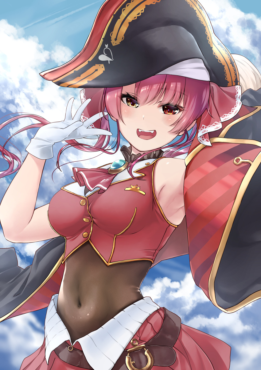 1girl absurdres armpits ascot bangs bicorne blue_sky bodysuit_under_clothes breasts brooch buttons clouds covered_navel gloves hair_ribbon hat heterochromia highres hololive houshou_marine jacket jewelry large_breasts looking_at_viewer medium_hair off_shoulder open_mouth pleated_skirt red_neckwear red_ribbon red_skirt redhead ribbon sazanka sharp_teeth shirt skirt sky sleeveless sleeveless_shirt smile solo standing teeth twintails virtual_youtuber white_gloves