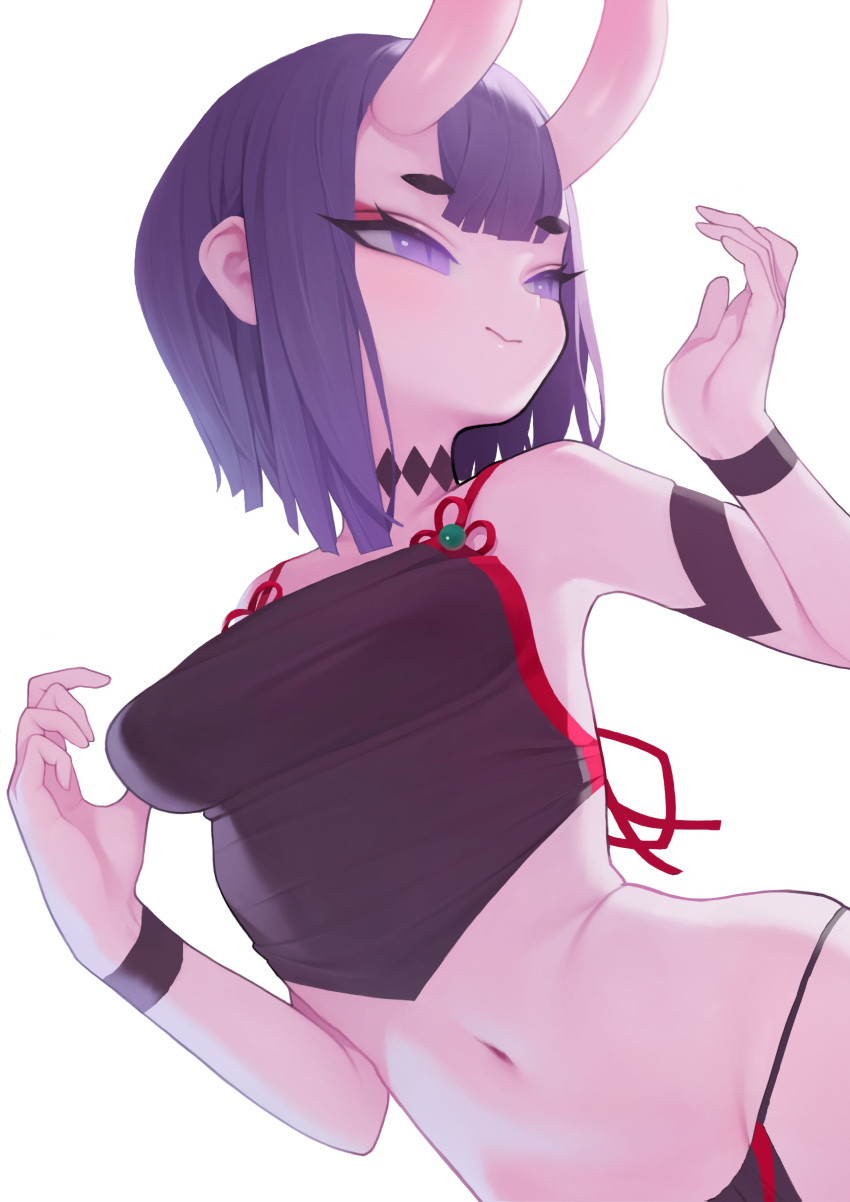 1girl absurdres bare_shoulders blush closed_mouth eyebrows_visible_through_hair eyeshadow fate/grand_order fate_(series) highres horns makeup navel oni_horns purple_hair rabbit_(wlsdnjs950) red_eyeshadow short_eyebrows short_hair shuten_douji_(fate/grand_order) simple_background slit_pupils smile solo violet_eyes white_backpack