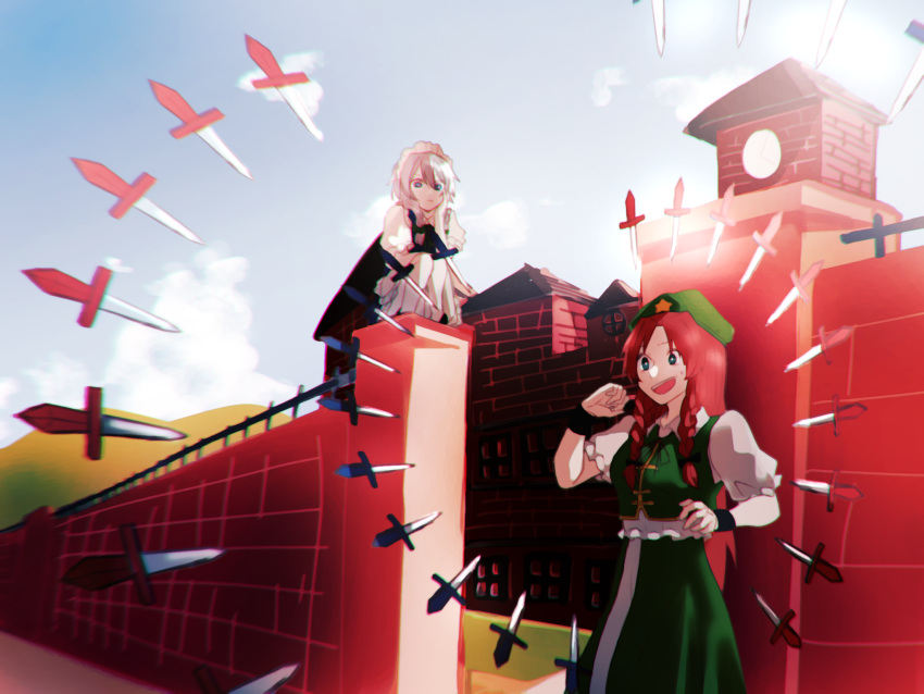 2girls :t apron arm_rest bangs beret blouse blue_eyes blue_sky bow braid brick_wall bright_pupils chin_rest chromatic_aberration clouds collared_blouse collared_shirt cowboy_shot dagger danmaku day frilled_apron frilled_blouse frilled_shirt frilled_sleeves frills full_body gate green_eyes green_headwear green_skirt green_vest hair_between_eyes hair_bow hair_ornament hand_on_own_cheek hand_on_own_chin hand_on_own_face hands_up hat highres hong_meiling izayoi_sakuya knife long_hair long_skirt looking_at_another maid_headdress mountain multiple_girls on_wall open_mouth outdoors parted_bangs pout puffy_short_sleeves puffy_sleeves raised_eyebrow redhead scarlet_devil_mansion shirt short_hair short_sleeves silver_hair sitting_on_wall skirt skirt_set sky somei_ooo squatting star_(symbol) star_hair_ornament sweatdrop touhou twin_braids upper_teeth vest wall weapon white_blouse white_pupils white_shirt wing_collar wristband