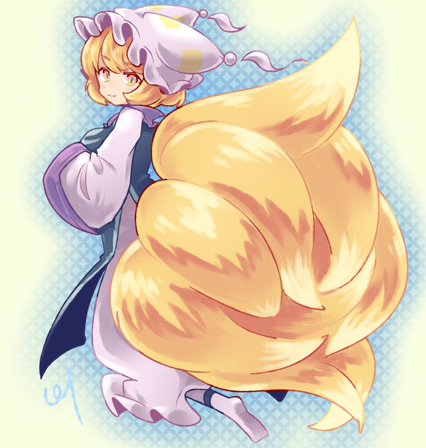 1girl ankle_socks bangs blonde_hair blue_tabard breasts commentary dress eyebrows_visible_through_hair fluffy fox_tail frilled_dress frilled_hat frills from_behind from_side full_body hands_up hat highres kitsune large_breasts large_tail long_sleeves looking_at_viewer looking_back multiple_tails pillow_hat pmx short_hair sidelocks signature smile socks solo tabard tail tassel touhou white_dress white_headwear white_legwear white_robe yakumo_ran yellow_eyes