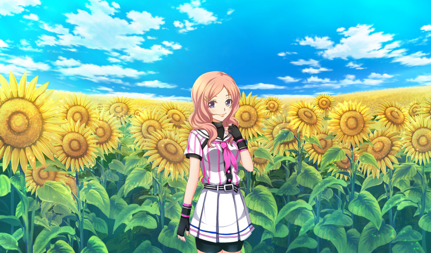 1girl baseball_uniform belt belt_buckle bike_shorts_under_skirt black_belt black_gloves black_shorts black_undershirt blue_sky buckle cinderella_series closed_mouth clouds field fingerless_gloves flower flower_field game_cg gloves hachigatsu_no_cinderella_nine hair_ornament hairclip hanayama_emi highres long_hair looking_at_viewer neckerchief non-web_source official_art outdoors parted_bangs pink_hair pink_neckerchief pleated_skirt shirt shirt_under_shirt short_sleeves shorts skirt sky solo sportswear standing striped_belt striped_clothes striped_shirt sunflower sunflower_field vertical-striped_clothes vertical-striped_shirt violet_eyes wristband