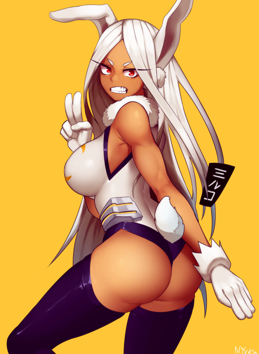 1girl animal_ears ass bangs boku_no_hero_academia breasts bunny_tail dark_skin fur_collar gloves highleg highleg_leotard highres large_breasts leotard long_eyelashes long_hair looking_at_viewer mirko nyxkz parted_bangs purple_legwear rabbit_ears rabbit_girl red_eyes sideboob simple_background skindentation solo superhero tail tail_through_clothes taut_leotard teeth thigh-highs thighs white_gloves white_hair white_leotard