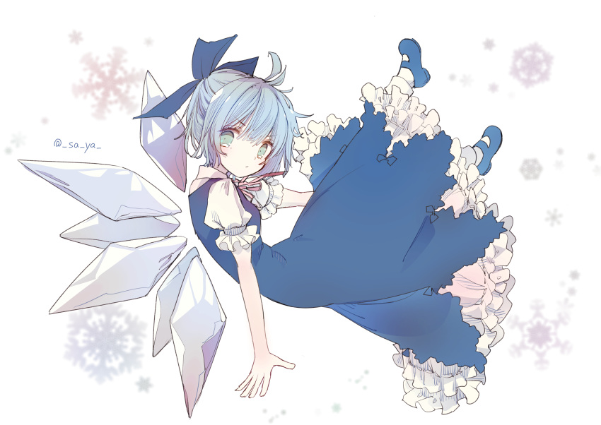 1girl ahoge artist_name blue_bow blue_dress blue_eyes blue_footwear blue_hair bow cirno dress eyebrows_visible_through_hair falling hair_bow highres ice ice_wings looking_at_viewer puffy_sleeves ribbon saya_(sayaya) short_hair short_sleeves simple_background snowflakes solo touhou white_background wings