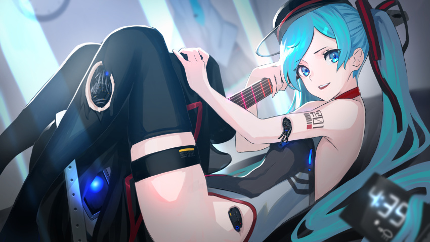 1girl :d absurdres alarm_clock android aqua_eyes asagon007 bangs bare_shoulders black_headwear blue_eyes blue_hair blurry blurry_background clock damaged eyebrows_visible_through_hair guitar hair_ornament hat hatsune_miku highres holding instrument knees_up leotard long_hair looking_at_viewer lying mechanical_parts on_back open_mouth parted_bangs sidelocks smile solo thigh-highs thighlet twintails very_long_hair vocaloid