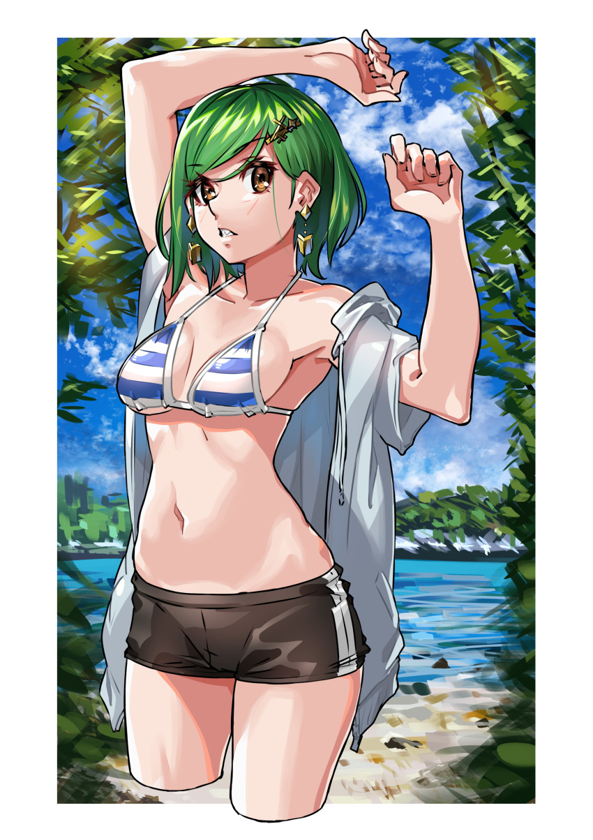 1girl absurdres bikini bikini_top brown_eyes earrings green_hair highres hood hoodie jewelry kitakouji_hisui looking_to_the_side nijisanji paintedmike parted_lips short_hair solo striped striped_bikini swimsuit