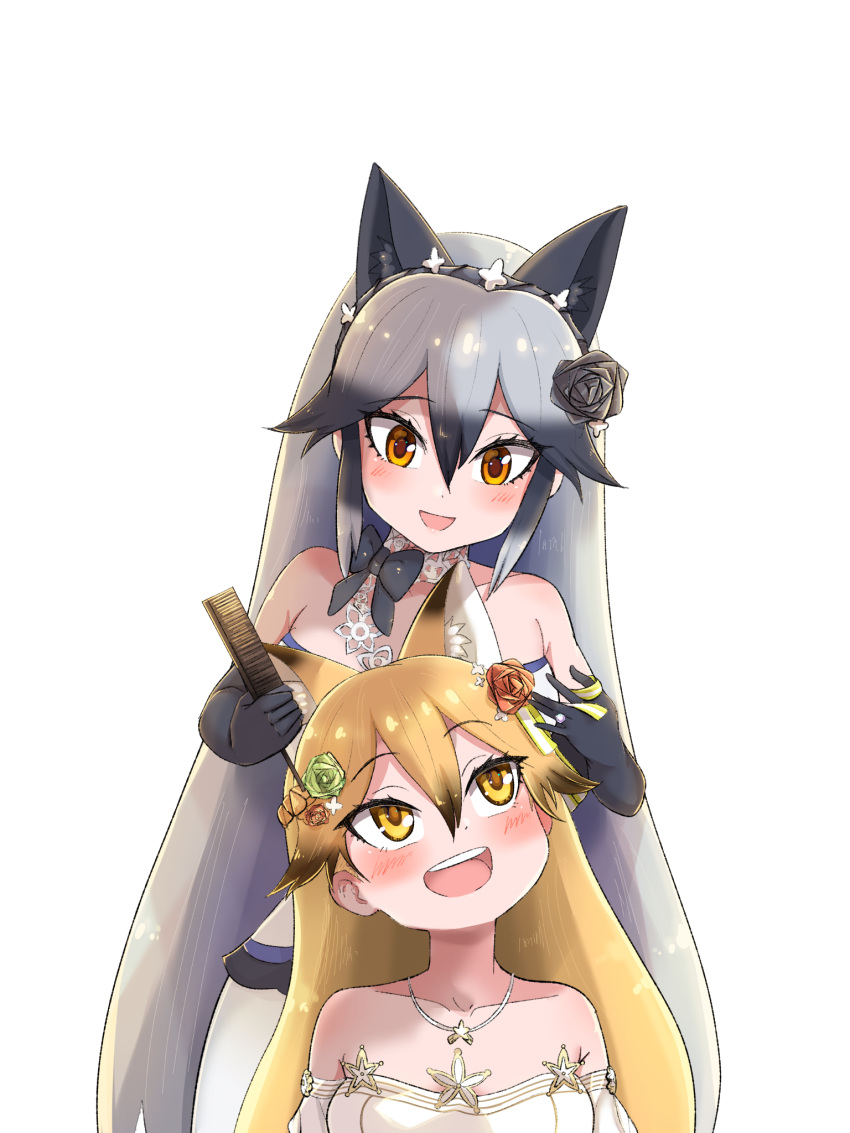 2girls animal_ear_fluff animal_ears aramaru black_flower blonde_hair blush breasts collarbone commentary commentary_request dress extra_ears eyebrows_visible_through_hair ezo_red_fox_(kemono_friends) flower fox_ears green_flower hair_flower hair_ornament highres kemono_friends long_hair looking_at_another looking_down looking_up medium_breasts multiple_girls open_mouth orange_flower silver_fox_(kemono_friends) silver_hair simple_background sleeveless sleeveless_dress very_long_hair wedding_dress white_background white_dress