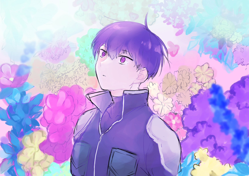 1boy blue_flower est_as floral_background flower hair_between_eyes highres hoshina_soshiro jacket kaijuu_no._8 male_focus pastel_colors pink_flower purple_flower purple_hair upper_body violet_eyes yellow_flower