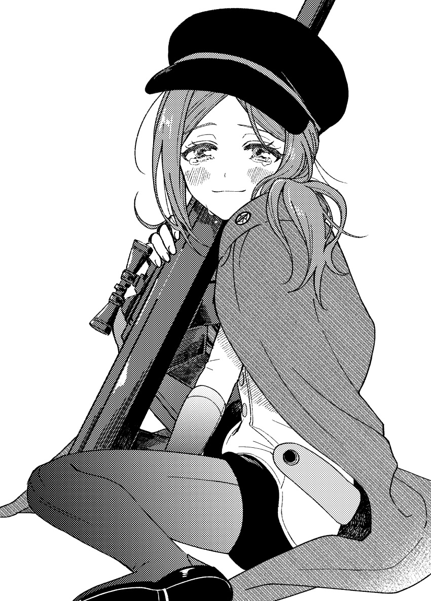 1girl absurdres baburo cape feet_out_of_frame from_side gloves greyscale gun hat highres hiura_akane holding holding_gun holding_weapon knee_up long_hair looking_at_viewer messy_hair monochrome pantyhose rifle simple_background sitting smile solo tears uniform wariza weapon world_trigger