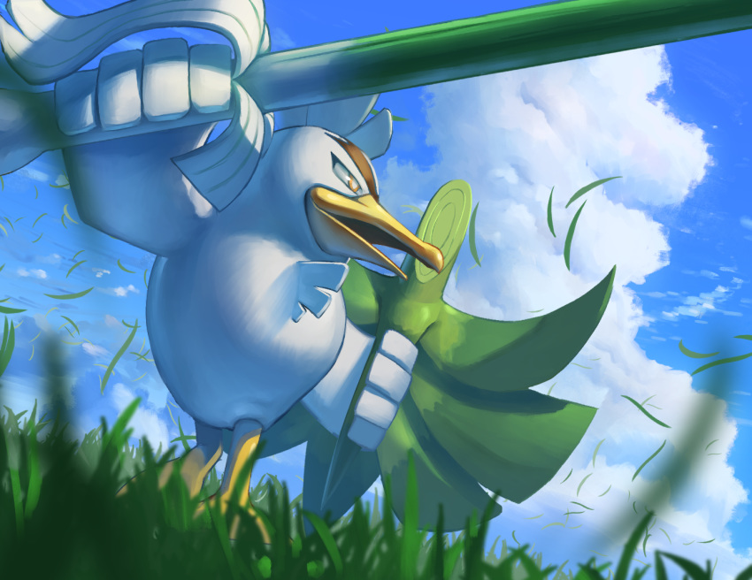 bird clouds commentary_request day from_below gen_8_pokemon grass holding holding_weapon no_humans open_mouth outdoors pokemon pokemon_(creature) shield sirfetch'd sky spring_onion supearibu weapon