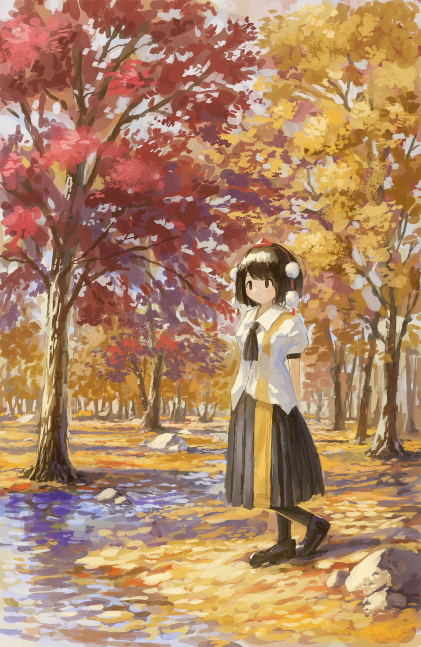 1girl arms_behind_back autumn_leaves black_eyes black_footwear black_hair black_legwear black_neckwear black_skirt cravat expressionless fjsmu folded_leg forest full_body hat highres long_skirt looking_to_the_side nature pantyhose pleated_skirt pom_pom_(clothes) puffy_short_sleeves puffy_sleeves red_headwear rock scenery shameimaru_aya shirt short_hair short_sleeves skirt solo standing stream tokin_hat touhou two-tone_shirt two-tone_skirt untucked_shirt
